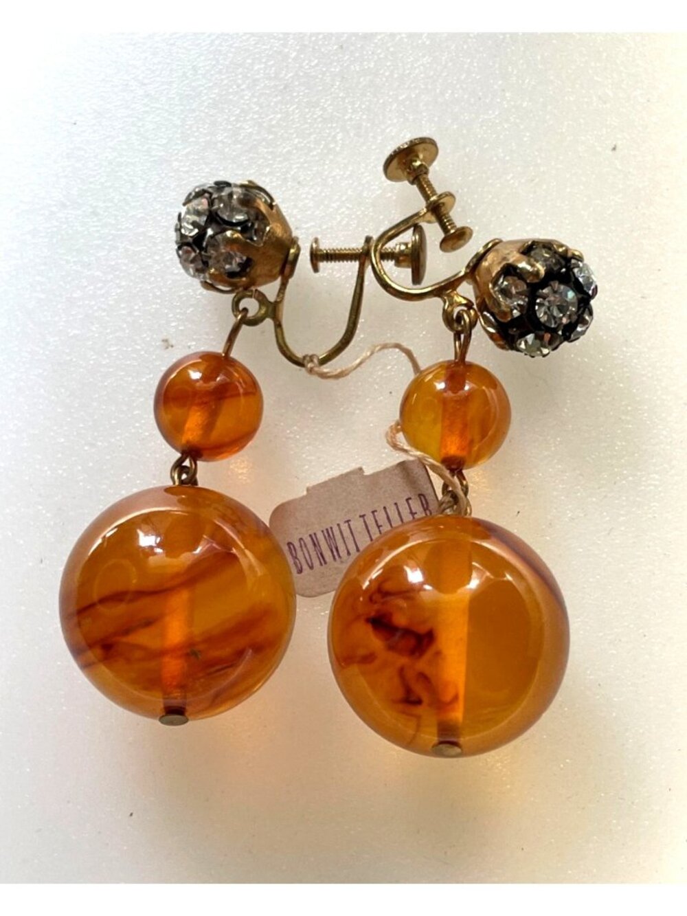 Vintage 1950s Bonwit Teller Rhinestone Amber Lucite Drop Screw Back Earrings